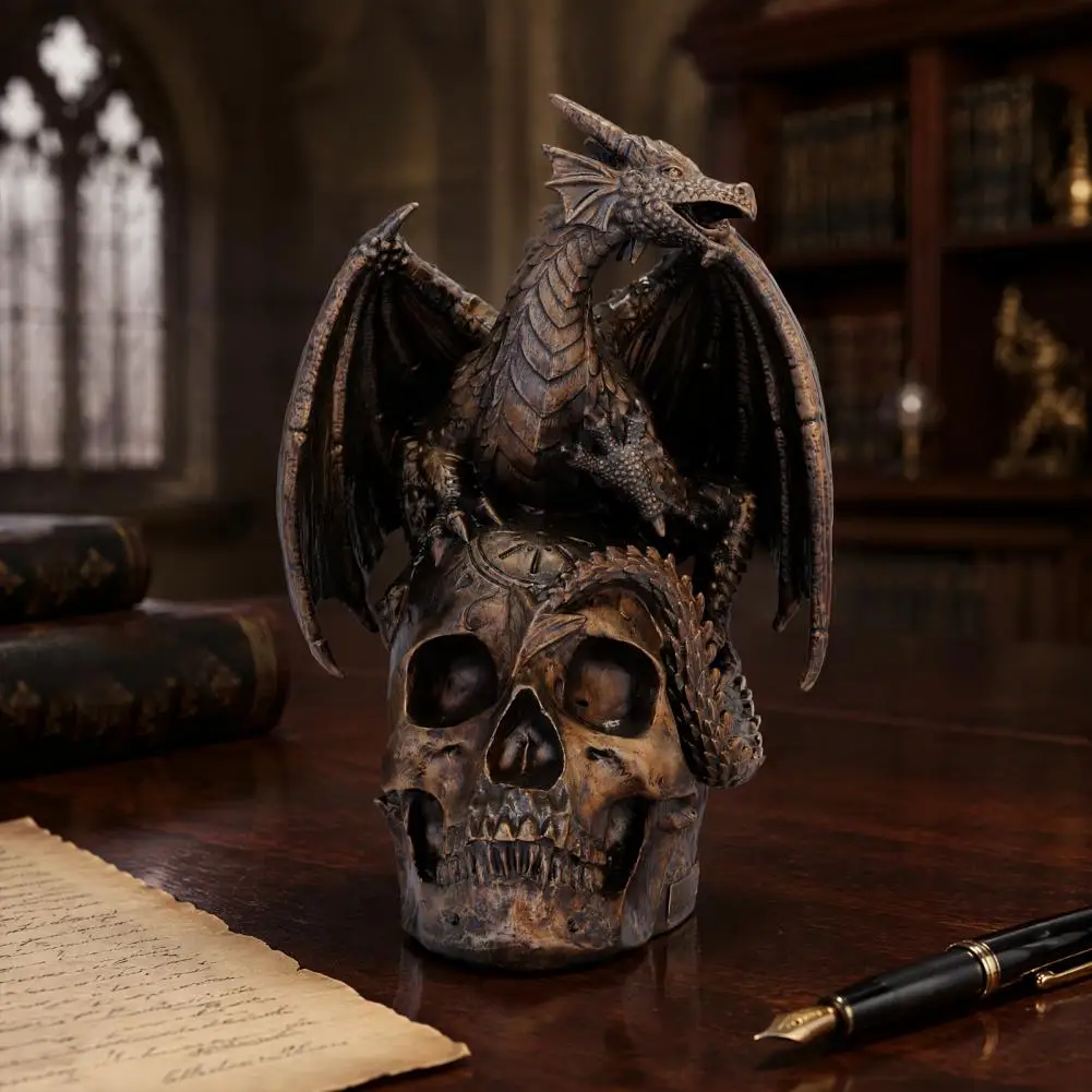 Collectible Fantasy Statue Flying Dragon Skull Resin Statue Dragon on Skull Figurine Steampunk Gearwork Skeleton for Halloween