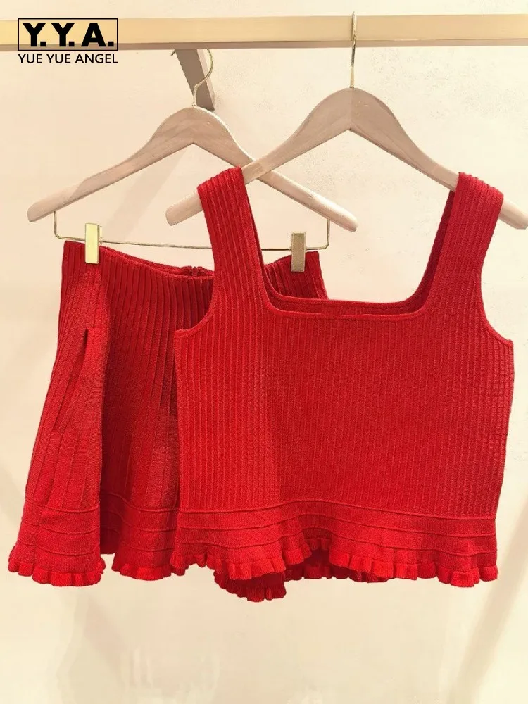 

Fashion Ladies Straps Sleeveless Tops Female Zipper High Waist Ruffle Skirts Two Piece Set Solid Color Square Neck Matching Set
