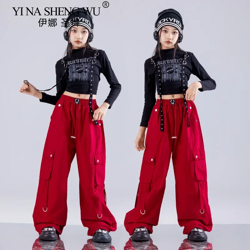 طفل الهيب هوب ملابس رقص الجاز أحمر أسود المحاصيل الأعلى والسراويل البضائع 2 في 1 تنورة مجموعة الفتيات K-pop الشارع الشهير أداء الزي #5