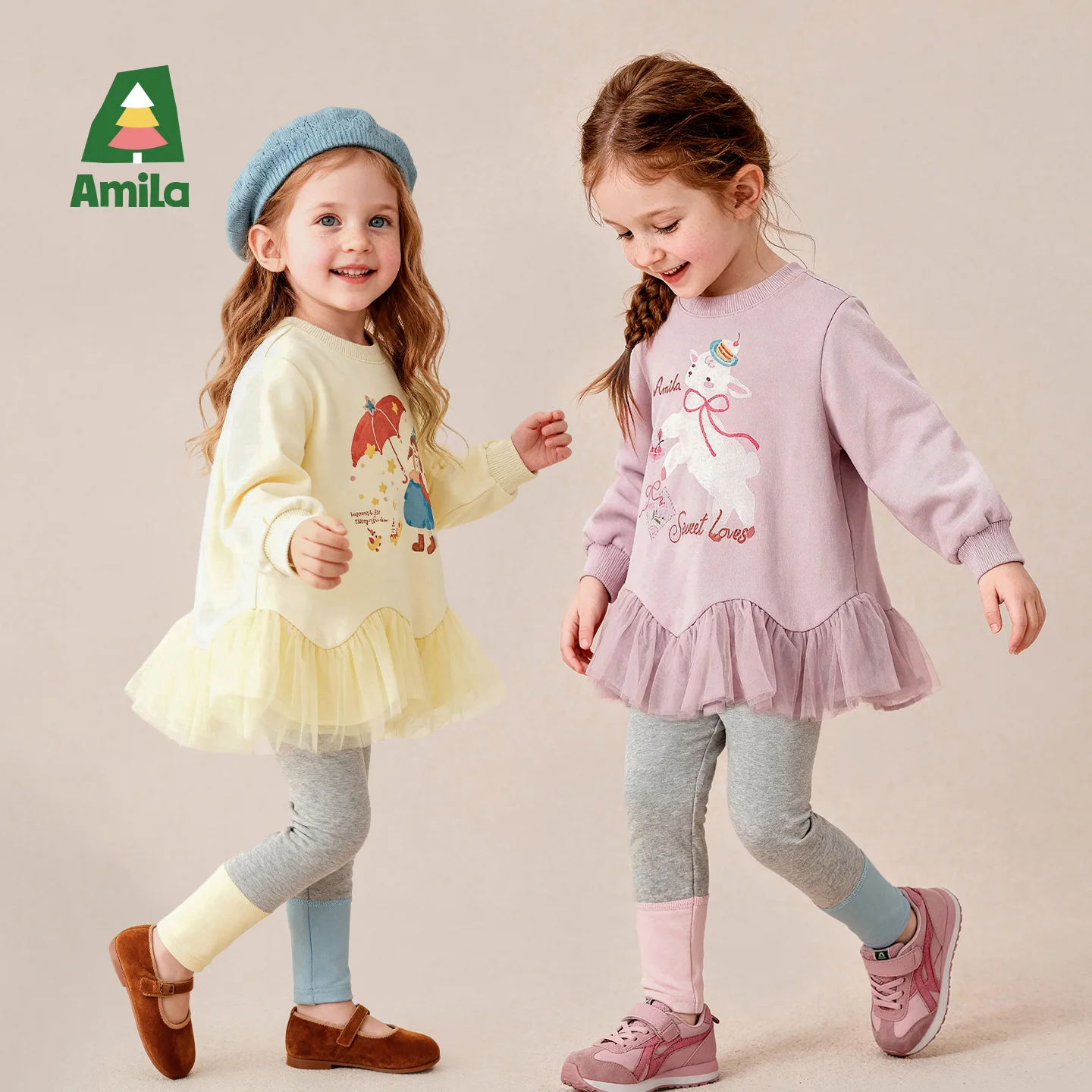 Amila 2026 Autumn New Kids Two Piece Set Sweet Print Mesh Hem Color Block Cuff Fashion Casual Cute Girls Outfit Set