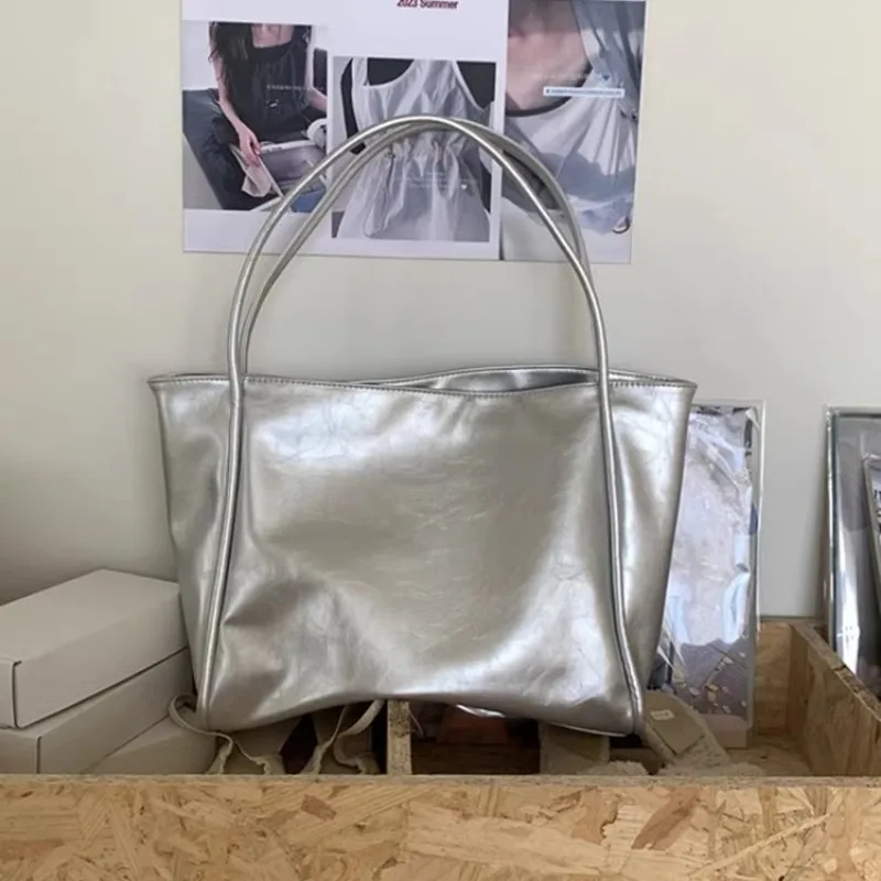 Xiuya Silver Fashion Womens Tote Bag Leather Summer Solid Color Casual Vintage Shoulder Bag Exquisite Harajuku Female Handbag