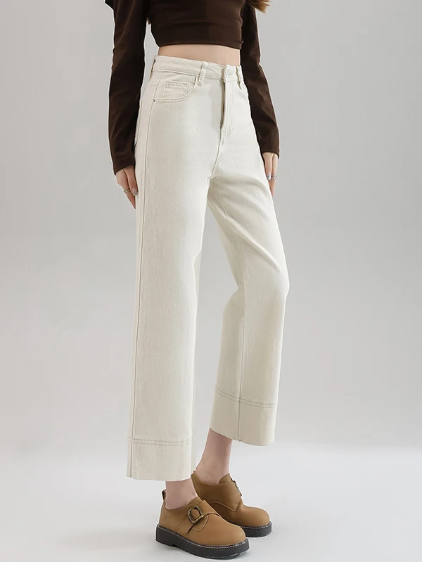High Waist Wide Leg Nine-Tenths Denim Jeans Women's Spring Summer New Style Small Size Slimming Versatile Straight Leg Pants