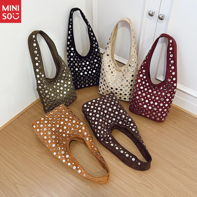Miniso Punk Style Embellished Double-Faced Round Rivet Inlaid Niche Luxury Bucket Bag Chic Lady Underarm Large Capacity Shoulder