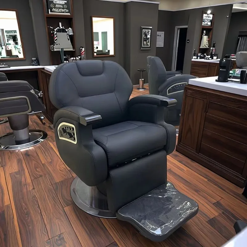 

Полностью черное кожаное парикмахерское кресло с круглым основанием и функцией вращения, роскошное современное электрическое кресло для барбершопа повышенной прочности, в продаже