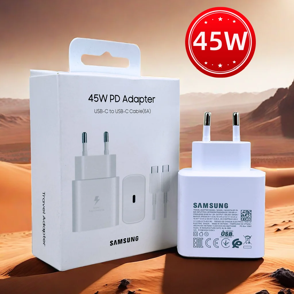 מטען מקורי של Samsung 45W טעינה מהירה מאוד מתאם מוסמך באיחוד האירופי עבור Galaxy Z Fold 5 4 3 Flip 5 4 3 S23 S24 Ultra S20 S22 S21