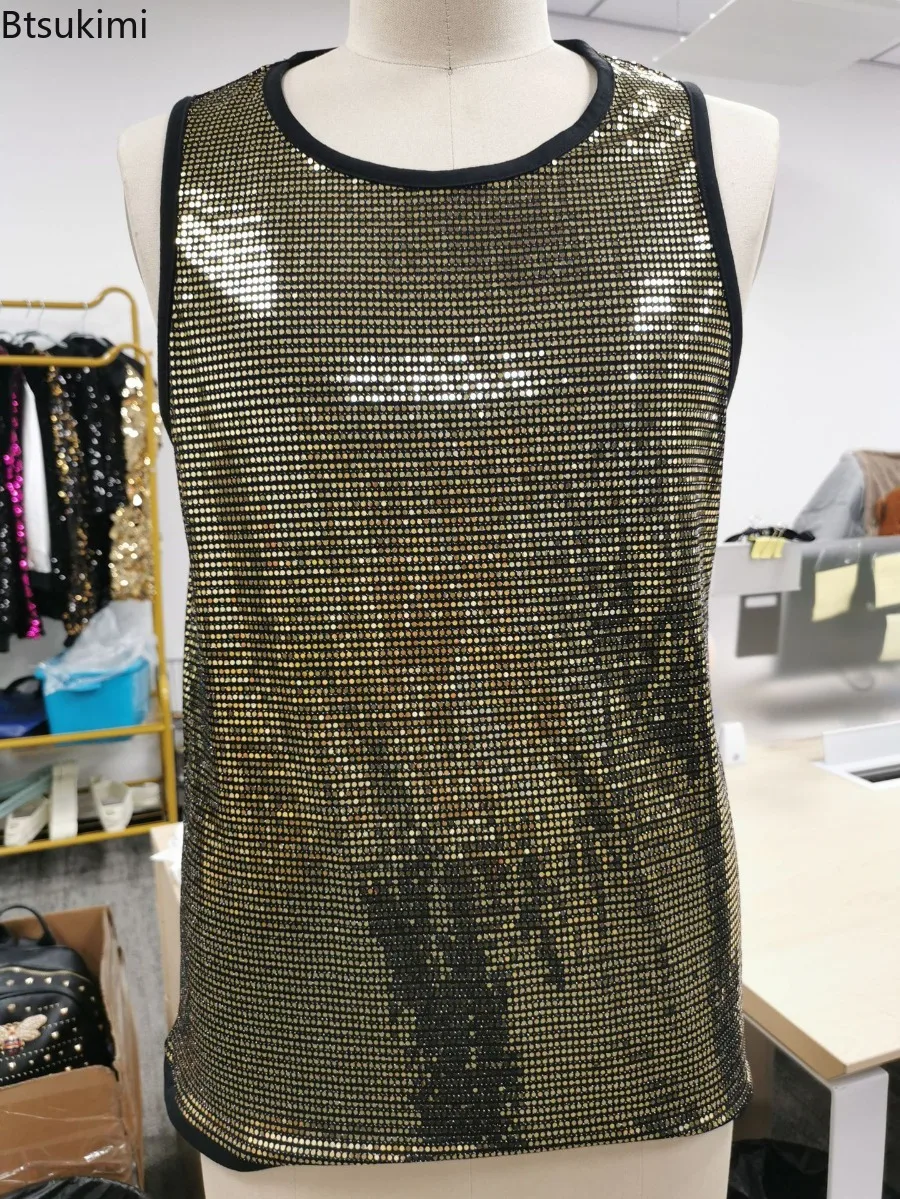 New Men's Sequins Tank Tops Fashion Sleeveless Sparkly Glitter T-shirts Shiny Slim Sexy Vest Party Clubwear Stage Costumes Male