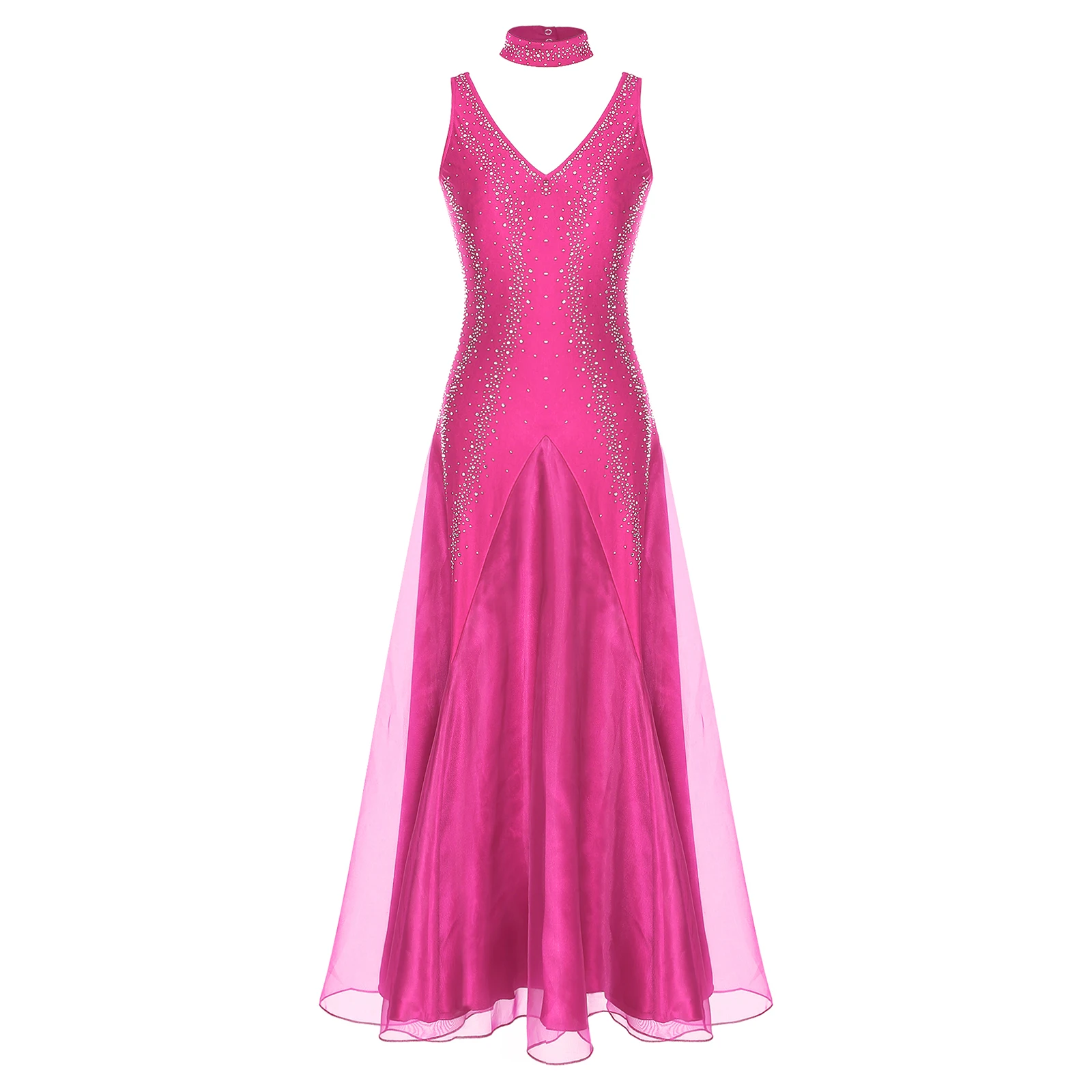 Vestido feminino sem mangas sem costas, vestido moderno de dança lírica, vestido maxi de strass brilhante com gargantilha para performance valsa