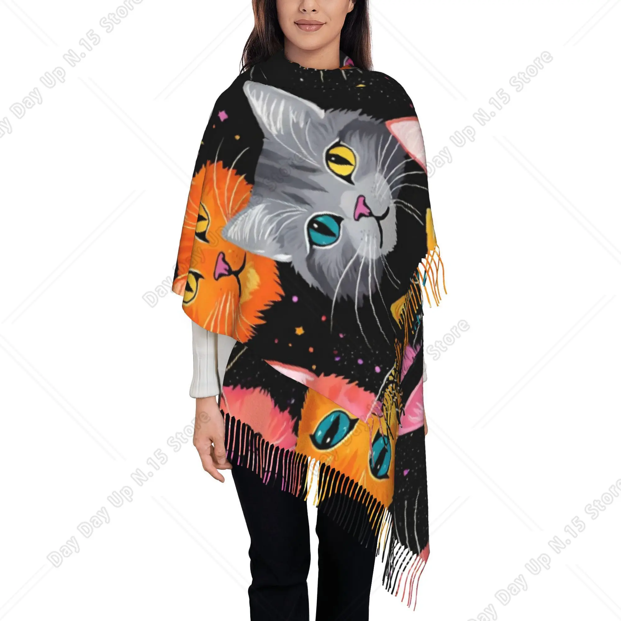 Colorful Cat Portrait Crowd Printed Faux Tassel Scarf Cozy Thermal Shawl Versatile Daily Wrap