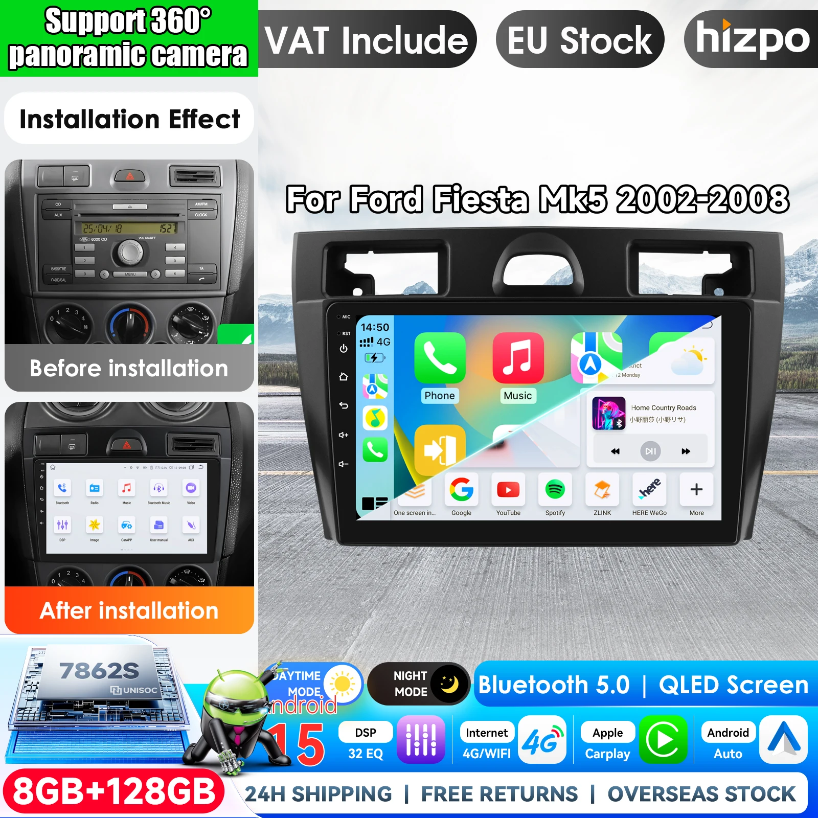 Autoradio Hizpo 9 pouces pour Ford Fiesta Mk VI 5 Mk5 2002 - 2008, lecteur vidéo multimédia Android sans fil Carplay, autoradio 2 DIN, GPS stéréo, systèmes intelligents, écran tactile IPS, navigation BT GPS 4G WIFI FM AM DSP RDS SWC 360Camera