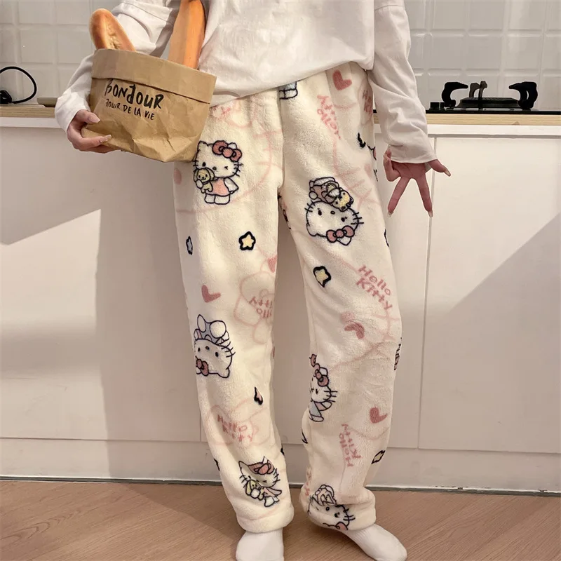 

Фланелевые пижамные штаны Hello Kitty, женская зимняя одежда для сна с героями мультфильмов на флисовой подкладке