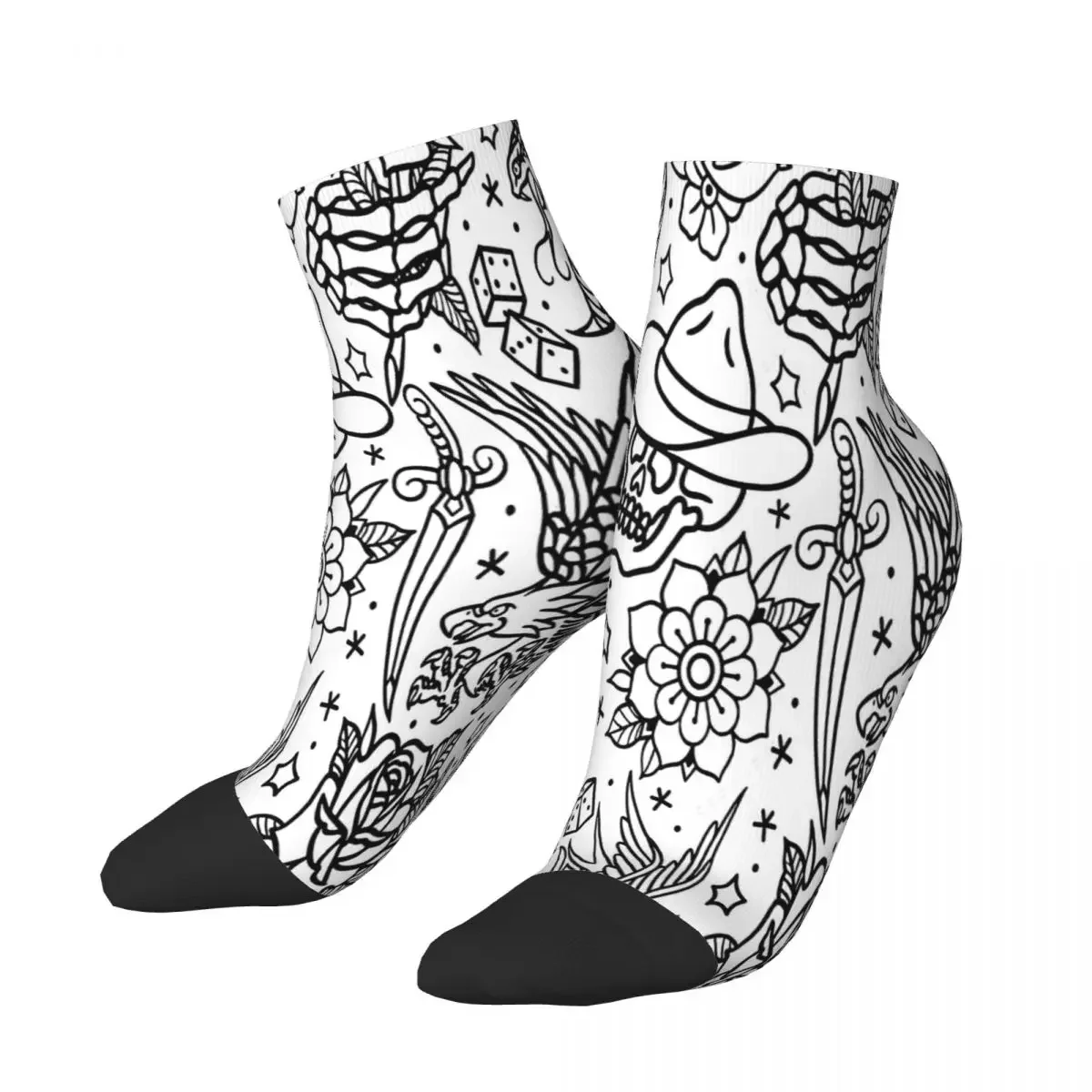 Skeleton Skull Bone American Traditional Tattoo Flash Print Variant Ankle Socks Male Mens Women Autumn Stockings Hip Hop