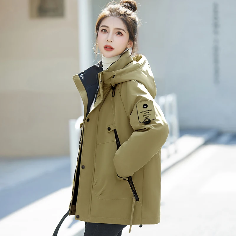 FIGOHR 100% Cotton Padded Jackets Women's 2024 Winter New Thick American Style Hooded Overall with Zipper and Buttons Topcoat