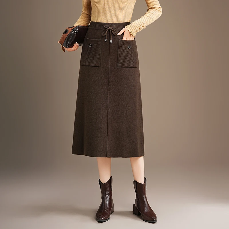 

Зимняя вязаная юбка миди для женщин, с завышенной талией, стройнящая, повседневная, универсальная, из полиэфирного волокна