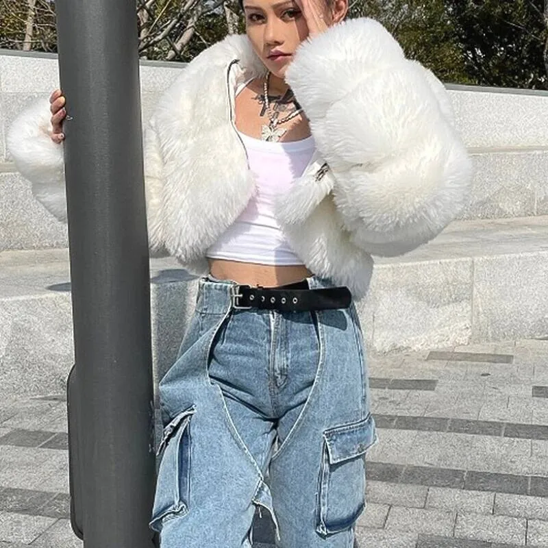 

Faux Fur Women Hooded Coats Zippers Shaggy Jackets Full Sleeve Shortness Open Stitch Straight Fit Street Wear 2025 Winter