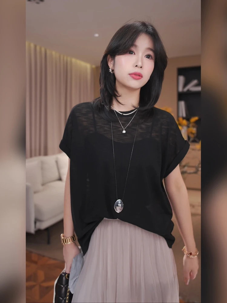 GZQJ Zomer Nieuwe Sle Losse Kant Micro Transparante Gebreide Top vrouwen Faionable ort Sve ronde Ne Trui irt