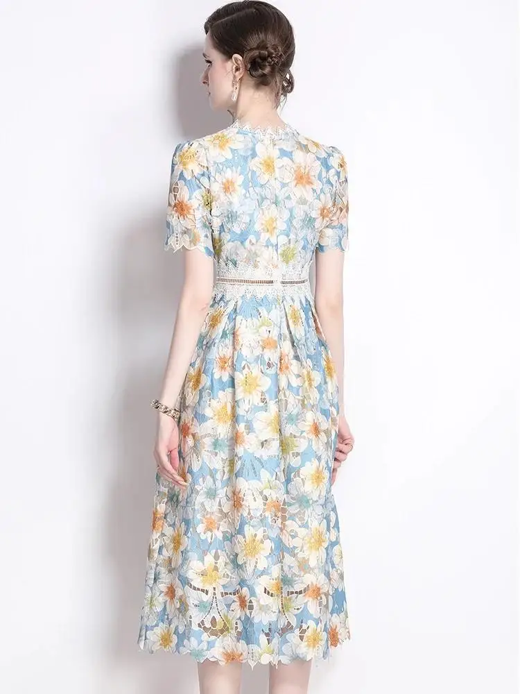 High Quality Water-Soluble Lace Embroidery Hollow Out Floral Dress Women Short Sleeve Zipper Slim High Waist Party Midi Vestidos
