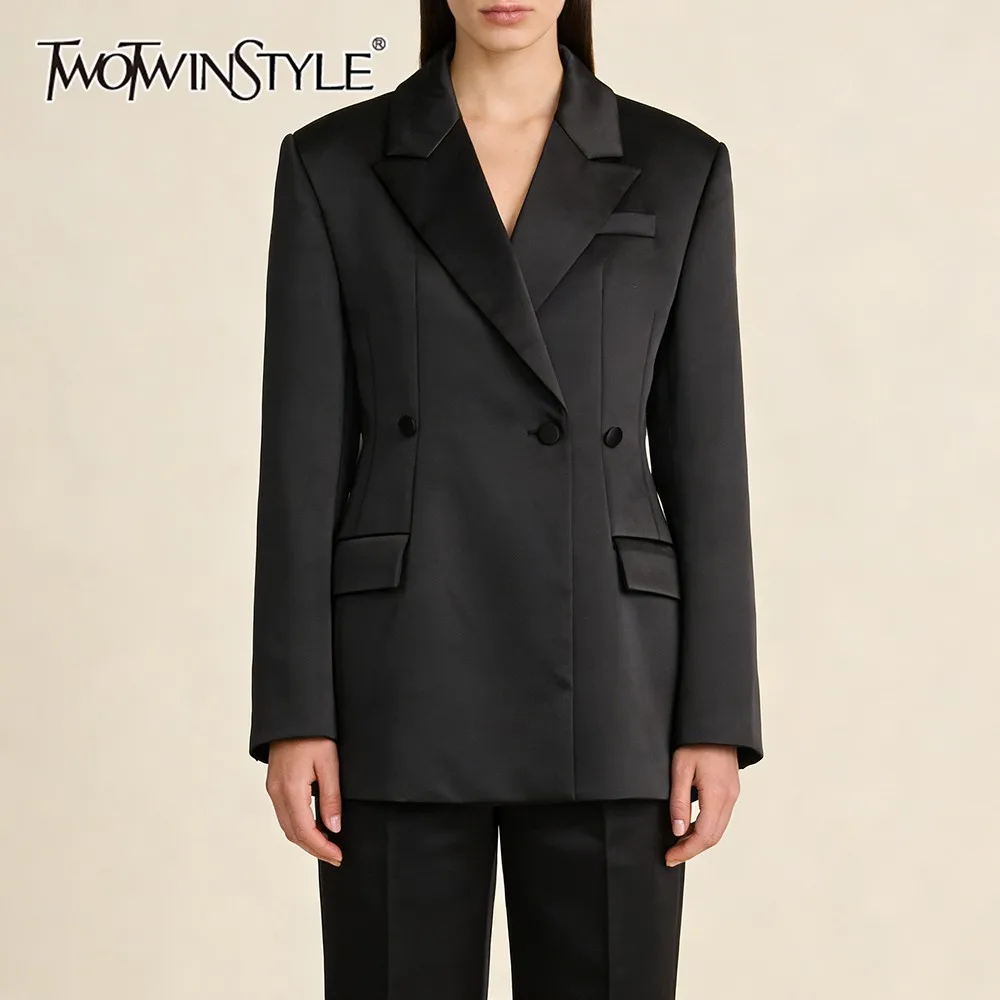 

TWOTWINSTYLE черная классическая темпераментная куртка для женщин с зубчатым воротником и длинными рукавами, утягивающая туника, минималистичный блейзер, женский новый