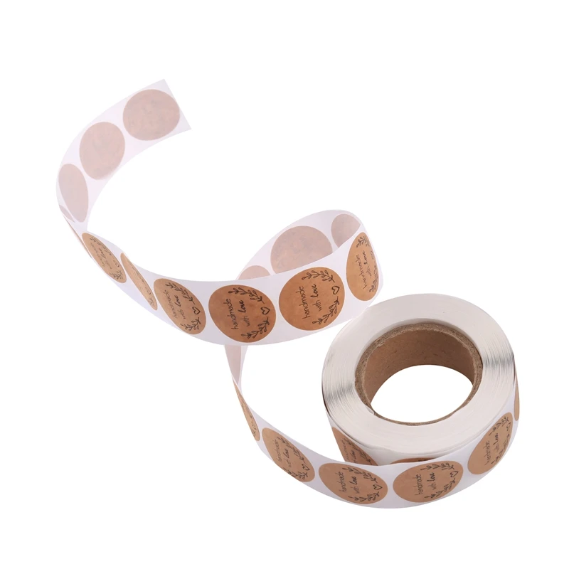 A35Q-1 Inch Round Natural Kraft Olive Branch Handmade With Love Stickers / 500 Labels Per Roll