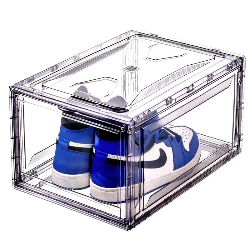 

Transparent plastic stackable shoe box front downgrade drawer magnetic