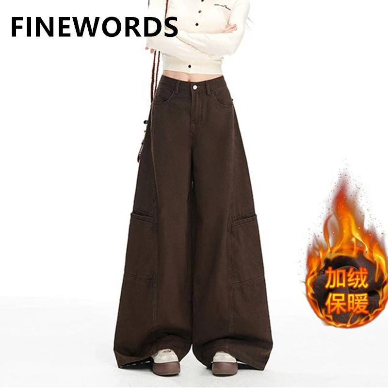 

FINEWORDS Vintage Winter Cashmere Korean Jeans Women Casual Harajuku Baggy Warm Jeans Streetwear High Waist Wide Leg Jeans