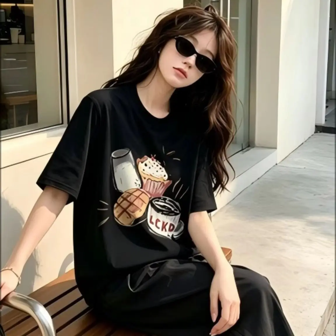 Sketch Coffee And Pastry Graphic T-Shirt, Hand Drawn Food Print Crew Neck Tee, Oversized Casual Aesthetic Short Sleeve Top