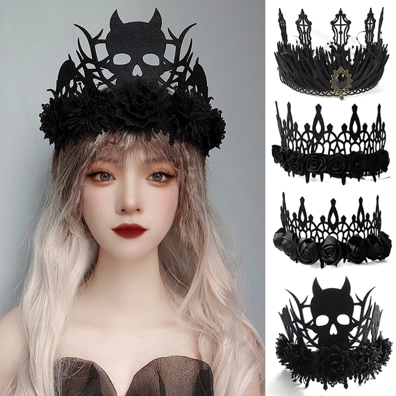 Vintage Witch Women Head Wreath Gothic Black Crown Roses Tiara Headband Halloween Party Cosplay Vampire Princess Magic Accessory