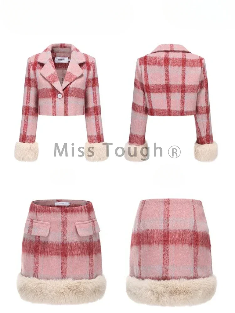 Korean Plaid Plush Jacket Skirt 2 Piece Set Women Lapel Temperament Fashion Soft Glutinous Slim Winter Christmas New Year Suits