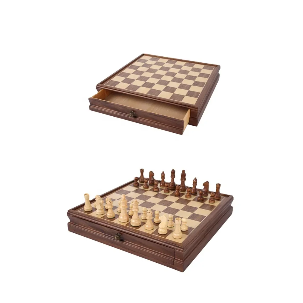 Classic 15-inch board game Indoor entertaining wooden drawer chess board