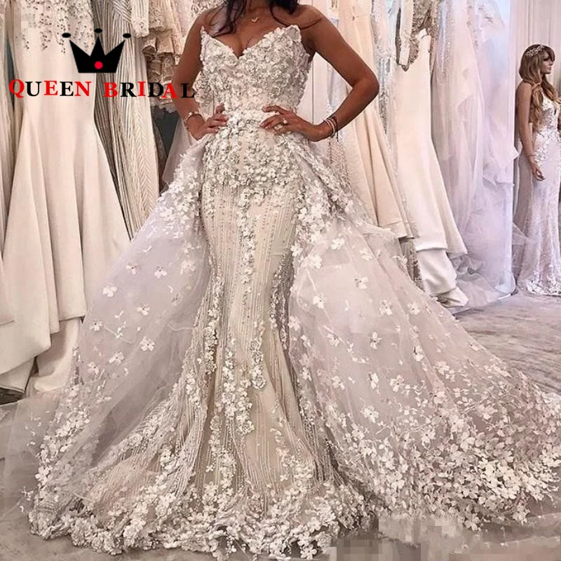 Luxury Appliques Lace Beading Pearls Sequinde Wedding Dresses V Neck Detachable Train Bridal Gowns Vestidos De Novia Custom S92X