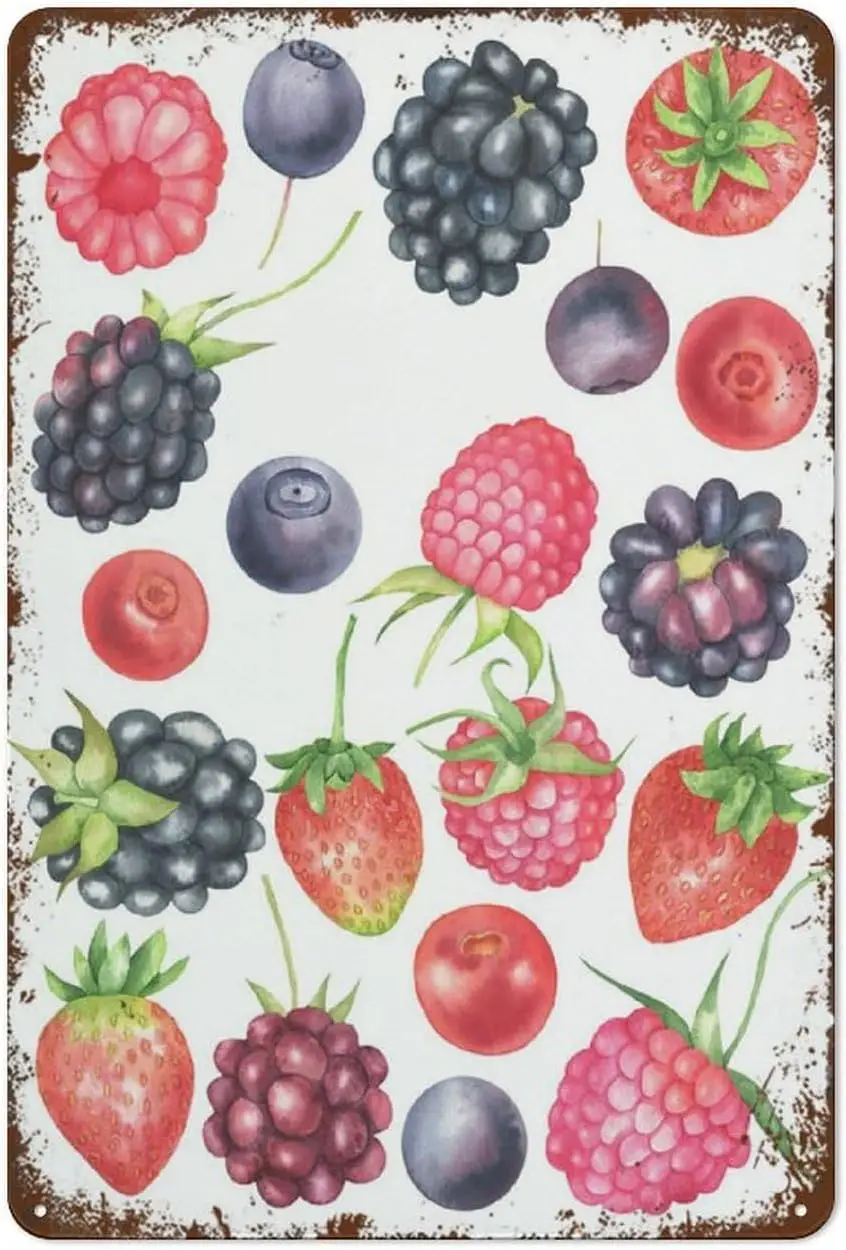 Watercolor Berry Blueberries Strawberries Raspberries Blackberries Cranberries Summer Fresh Berries Embossed metal signage ornam