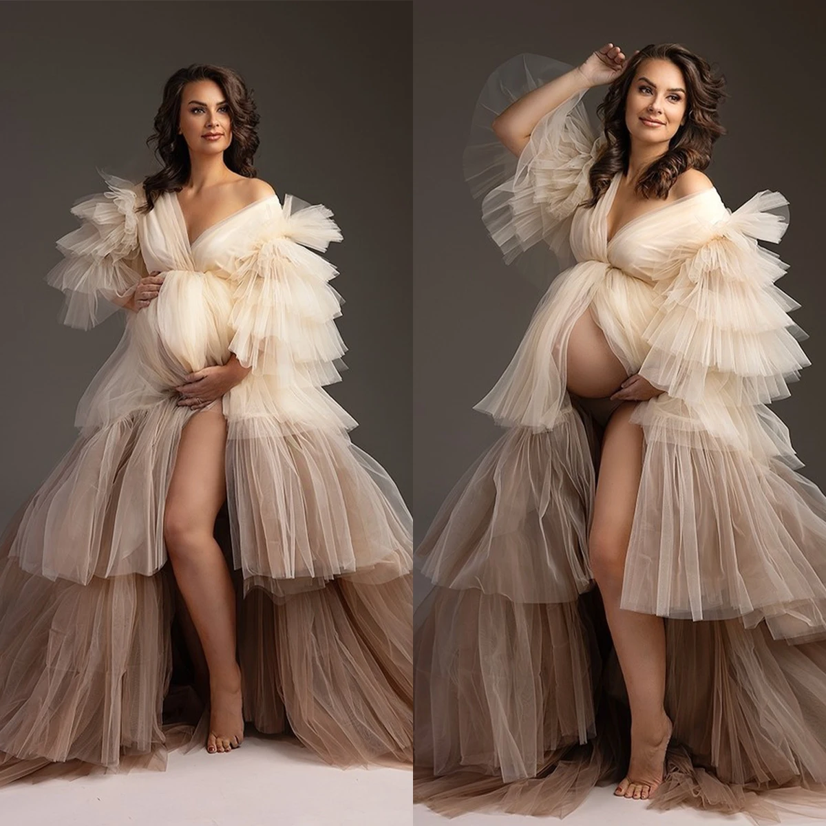 Maternity Tulle Dress Robe Dressing Gown Off Shoulder Puffy Robe Sheer For Baby Shower Photoshoot Photography