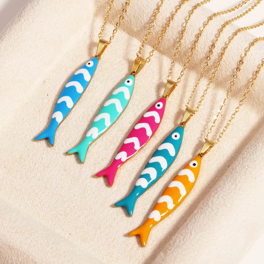 مقاوم للماء لطيف ملون المينا الأسماك قلادة القلائد للنساء الفتيات جميل الفولاذ المقاوم للصدأ الذهب اللون الصيف الشاطئ مجوهرات #3