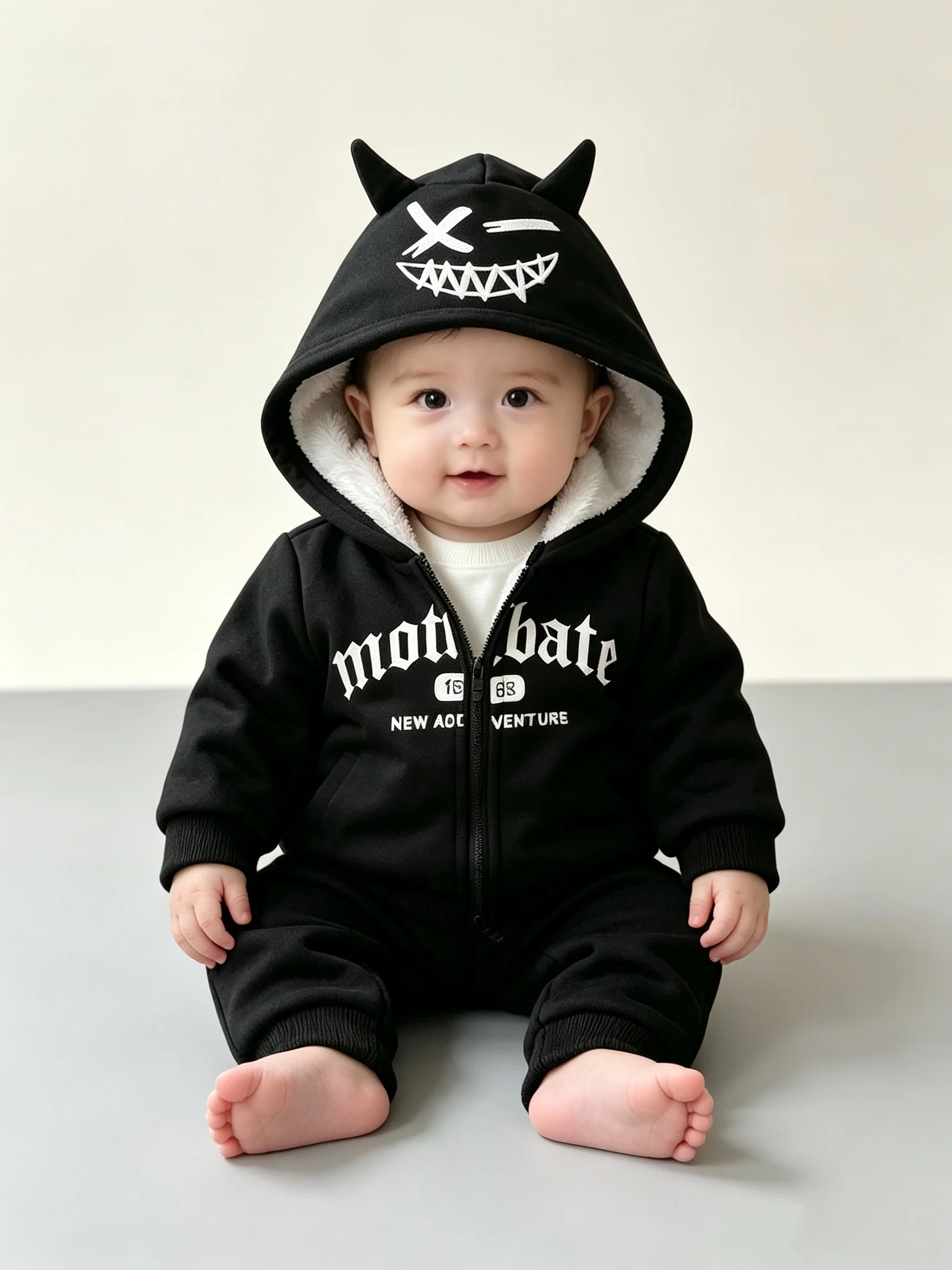 Baby Boy Autumn Winter Black Devil Horn Fleece Lined Hooded Zipper Jacket for Infants