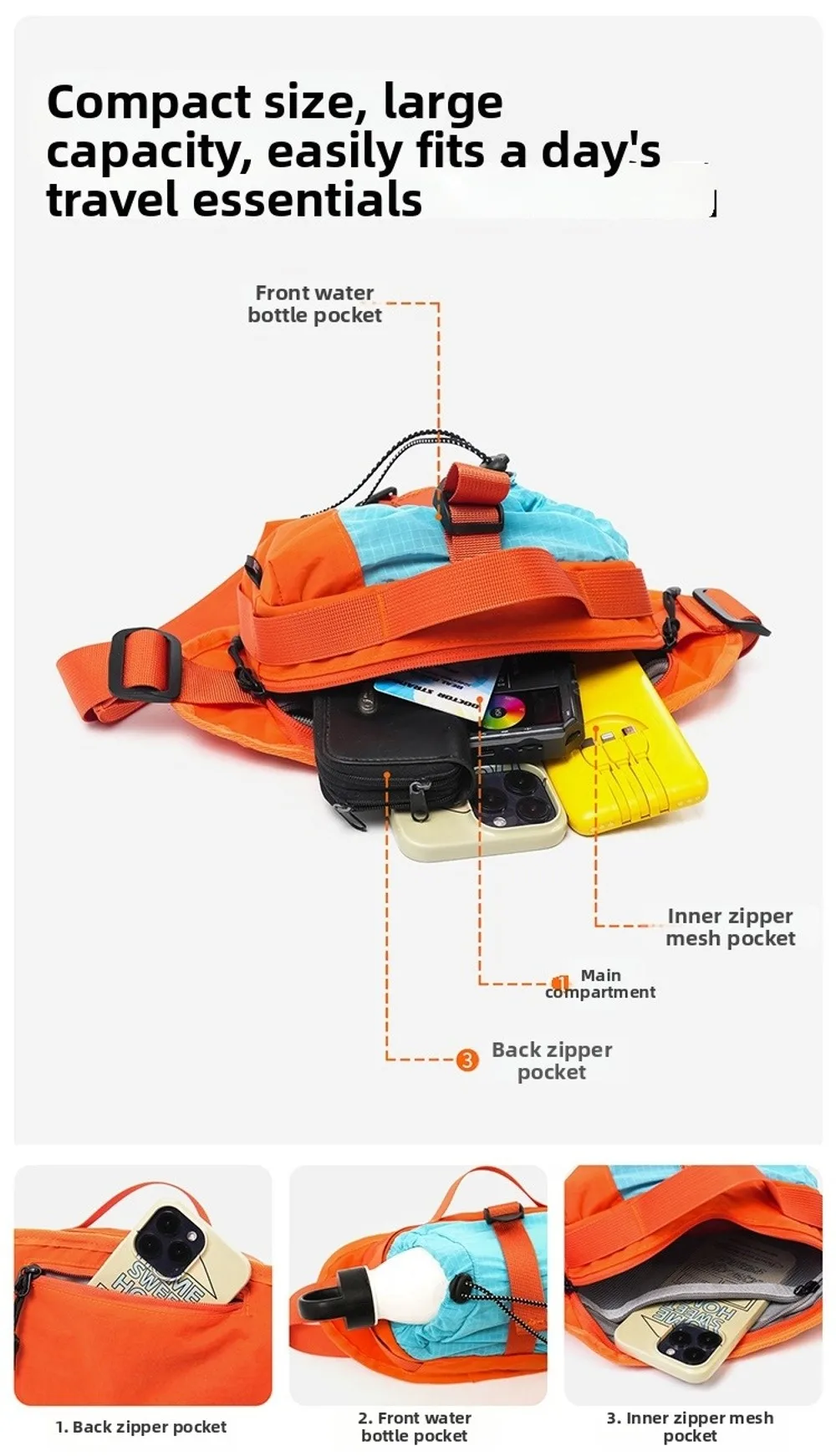 Koreanische Outdoor-Umhängetasche Minimalistisches Design Wasserdichte Unisex-Gürteltasche mit Wasserkocherfach 6 Farben Camping-Schultertasche – Detail 3