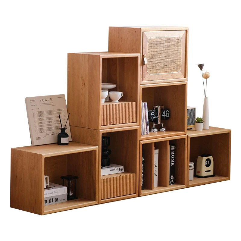 Nordic solid wood bookshelf floor shelf cherry wood lattice cabinet Japanese home free combination rattan short bookcase