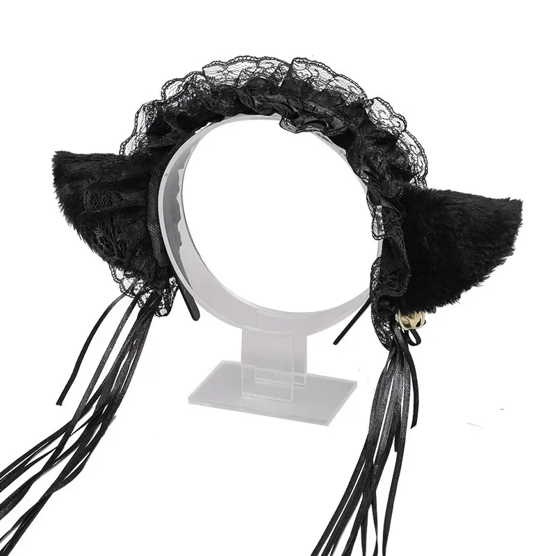 Diadema de encaje con orejas de gato para niñas, accesorios de Lolita para el cabello, Cosplay de sirvienta de Anime, encantadora y dulce, hecha a mano