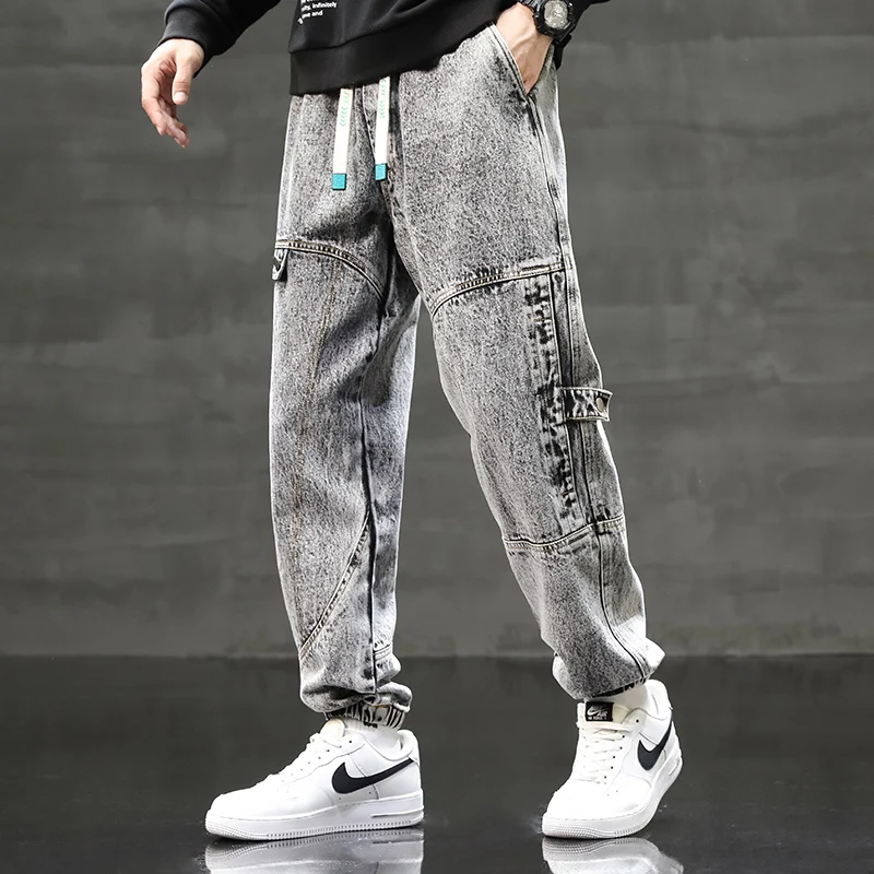 Fashion Elastic Lace Up Spliced Washed Casual Jeans Men's Clothing 2024 Spring Summer New Loose All-match Denim Cropped Pants