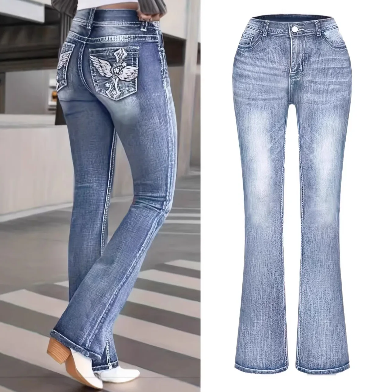 Women's Clothing Jeans2026 Rear Bag Cross-feeling Wings Embroidery European And American Elastic Slim-fit Retro Micro-pull Pants