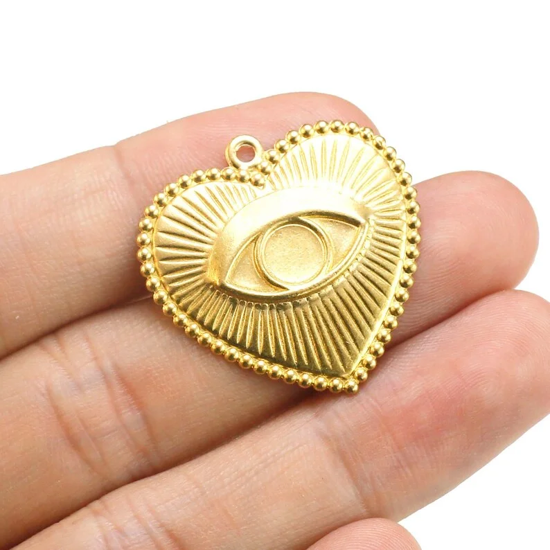 10pcs Textured Heart Charms, Evil Eye Brass Charm, Earring Findings, Necklace Pendant, 28.3x28.6x2mm, Jewelry Making -R2555