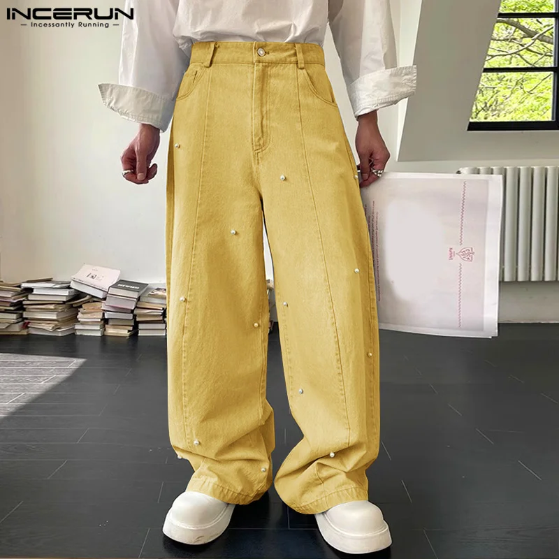 INCERUN 2024 Korean Style Trousers Fashion Men's Pearl Decorative Design Long Pants Casual Streetwear Male Solid Pantalons S-5XL