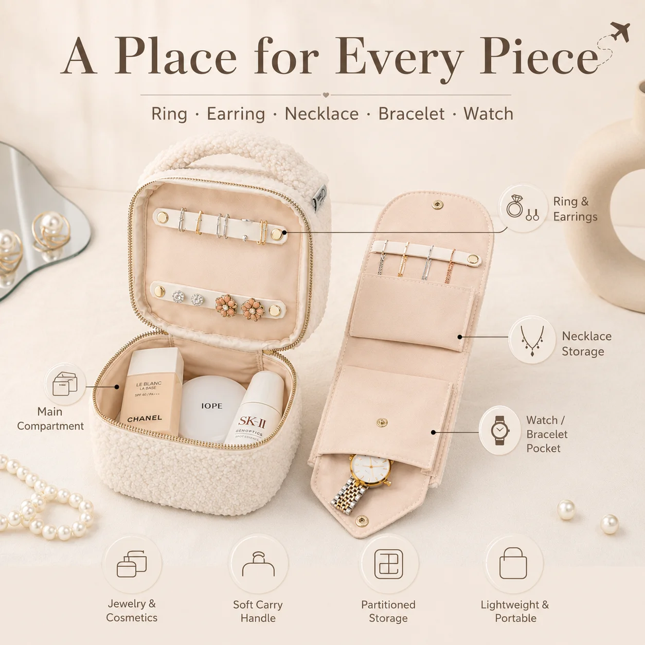 Travel Jewelry Box Organizer Fluffy Makeup Storage Case Portable Soft Sherpa Cosmetic Bag for Women Necklace Earring Storage Bag