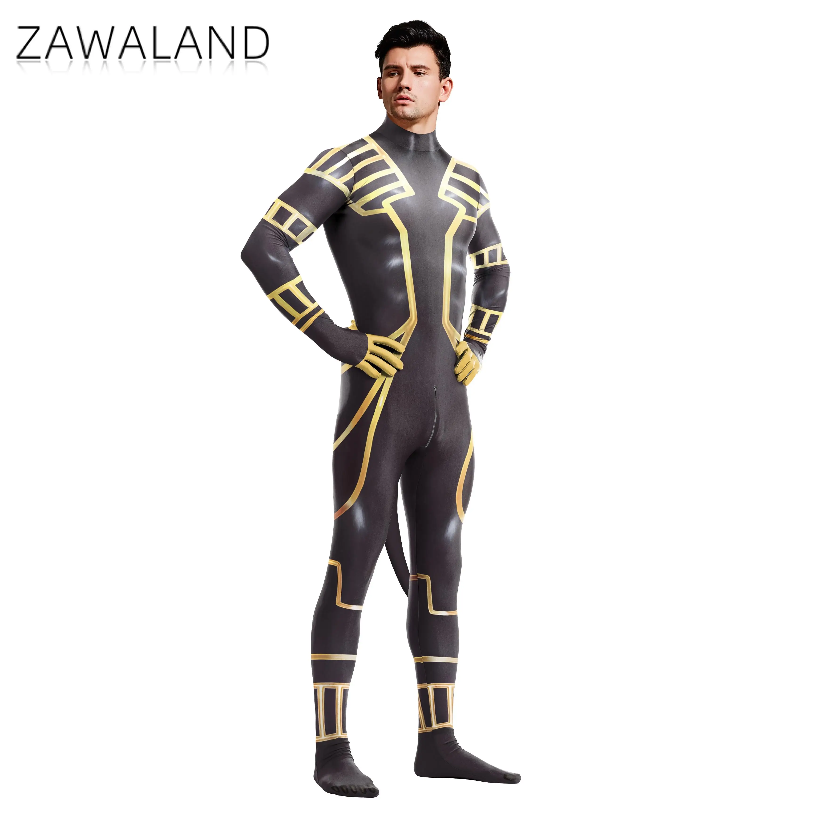 Zawaland cosplay anubis petsuit com cauda traje masculino carnaval purim zentai terno virilha zíper macacão roupas de festa de férias