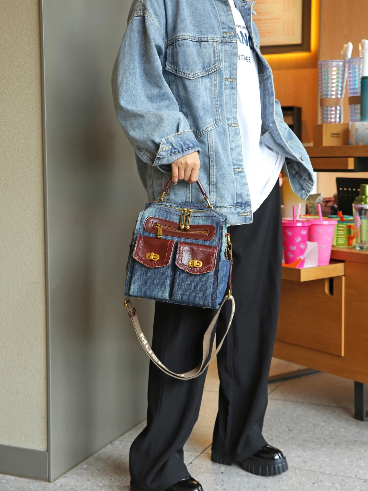 

Faionable Women's oulder Bag Denim Material Leather Strap Multi-Purpose Crossbody Bag Trendy 2023 New Sle Handbag