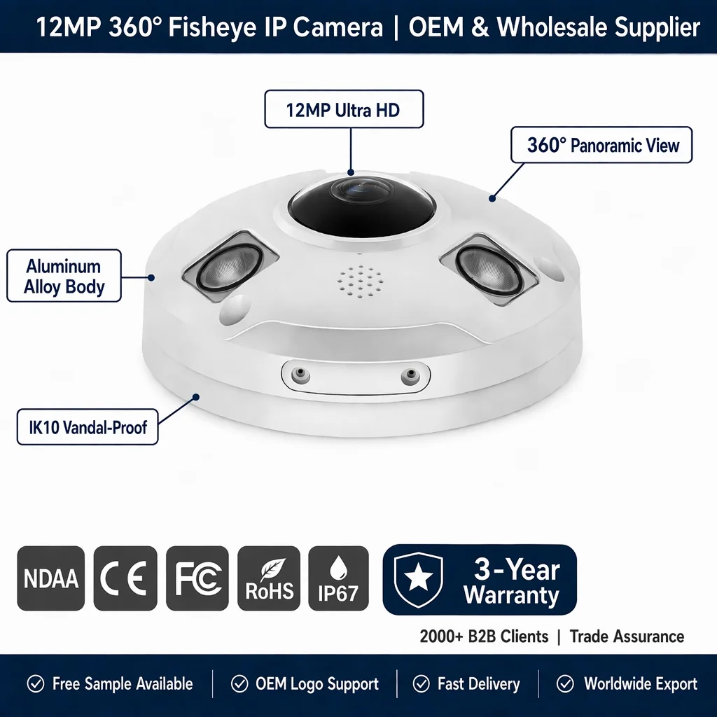 Industrial 12MP Metallic Fisheye IP Camera - 360° Wide-Angle Panoramic View