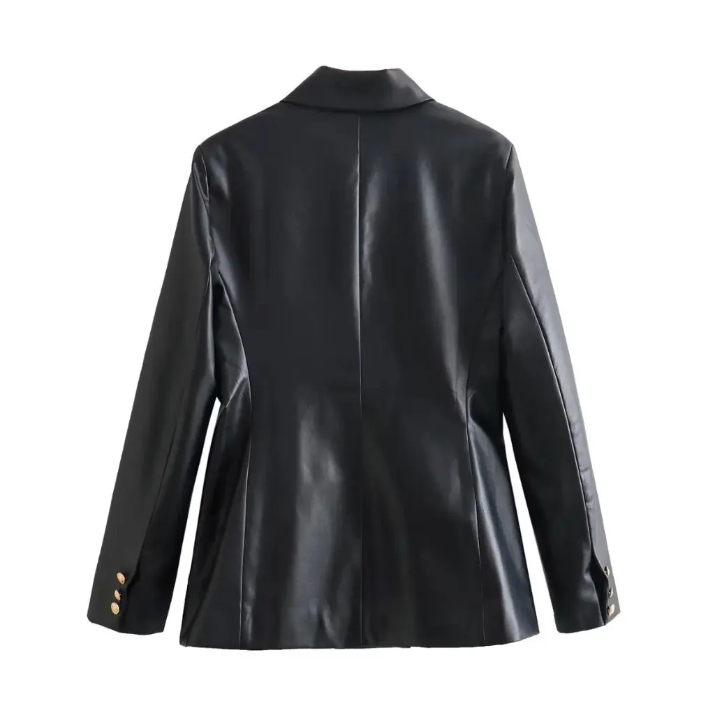 

Women's Slim Fit Double-Breasted Leather Jacket Gold Fashion Suit European American Style New Autumn