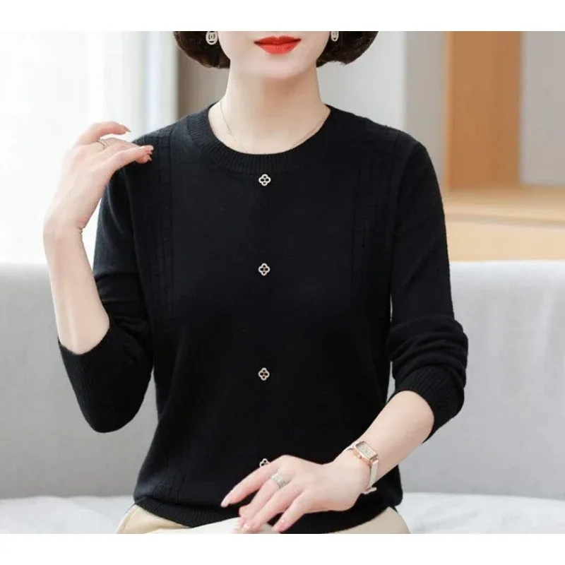 Autumn Winter Round Neck Women's Clothing Solid Color Pullover Button Long Sleeve Plant&Flowers Sweater Knitted Elegant Tops