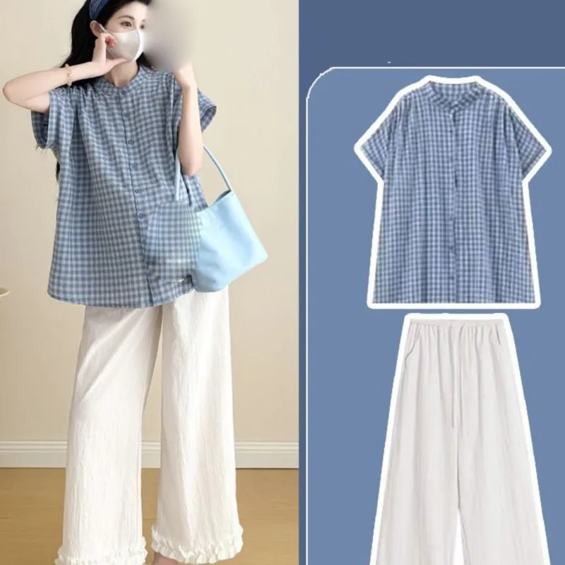 

Комплект летней одежды для беременных, модная рубашка с короткими рукавами, комплект из 2 предметов, дышащий топ и брюки для беременных LJ351