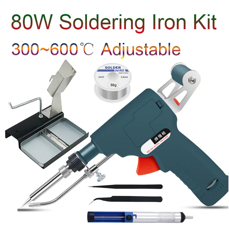 80W Powerful Soldering Iron Kit 300~600℃ Adjustable Internal Heat Regulating Solder Gun Automatic Tin Feeding Electric Tool Set