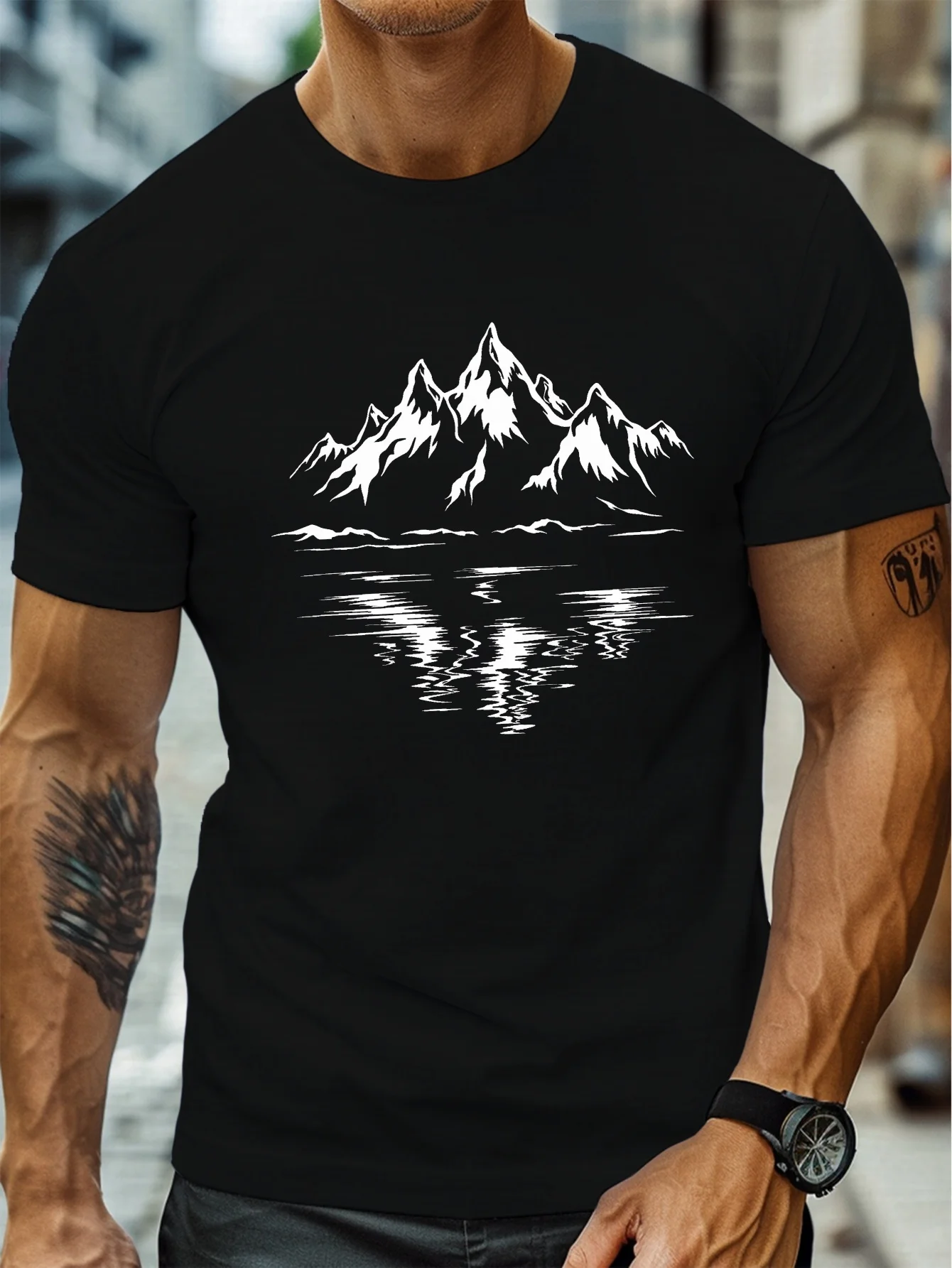 Plus Size Men's Summer T-Shirt, Stylized Mountain Illustration Print Short-Sleeve T-Shirt, Trendy Casual Top, Suitable for Everyday Life, for Tall Men, Plus Size