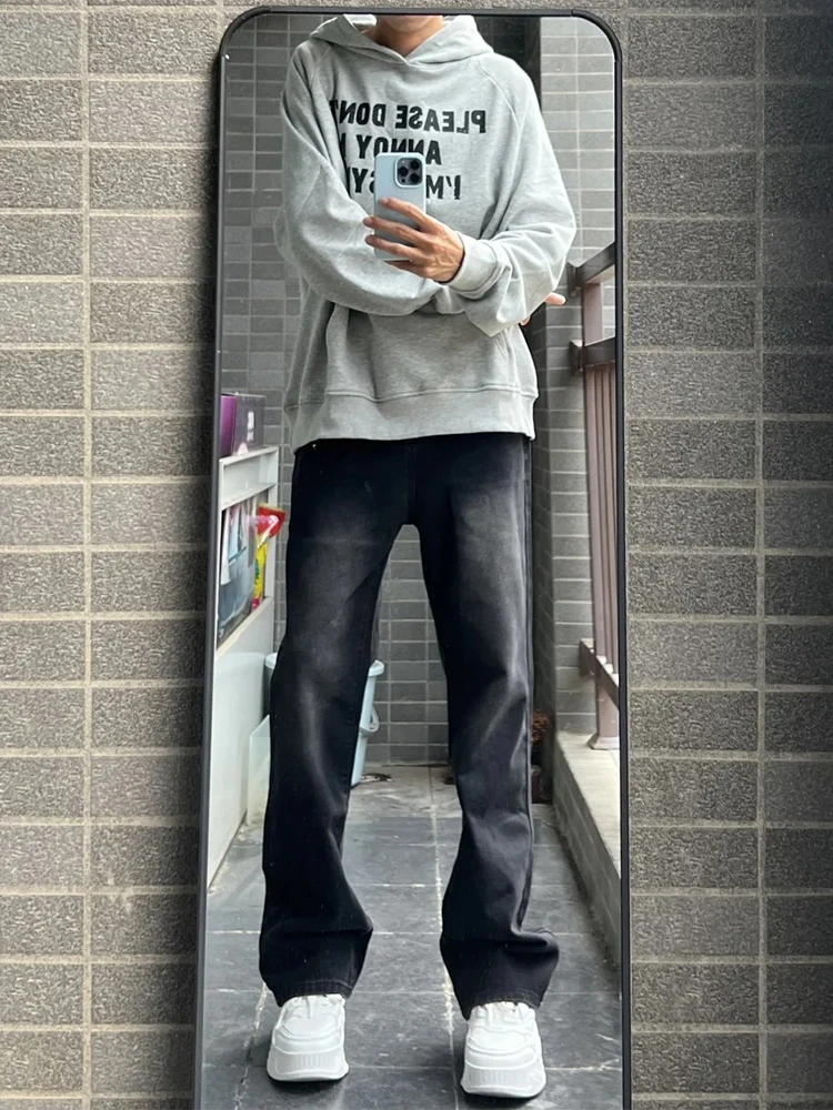 

Washed out Gradual Black Grey Men's Straight Leg Jeans Micro Flared Pants American High Street Style Youthful Wear Resistant